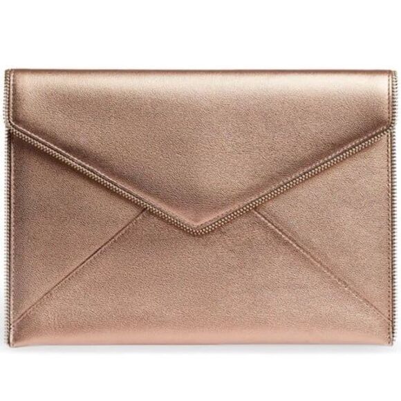 Rebecca Minkoff Rose Gold Leather Leo Clutch Envelope Zipper Edge - Picture 10 of 11